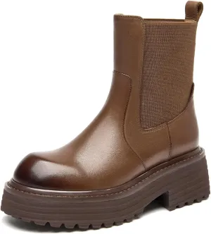 BEAU TODAY Platform Chelsea Boots for Women, Chunky Genuine Leather Elastic Ankle Boots for Women, Fashion Fall boots with Round Toe, Comfortable Slip-on Winter Combat Boots