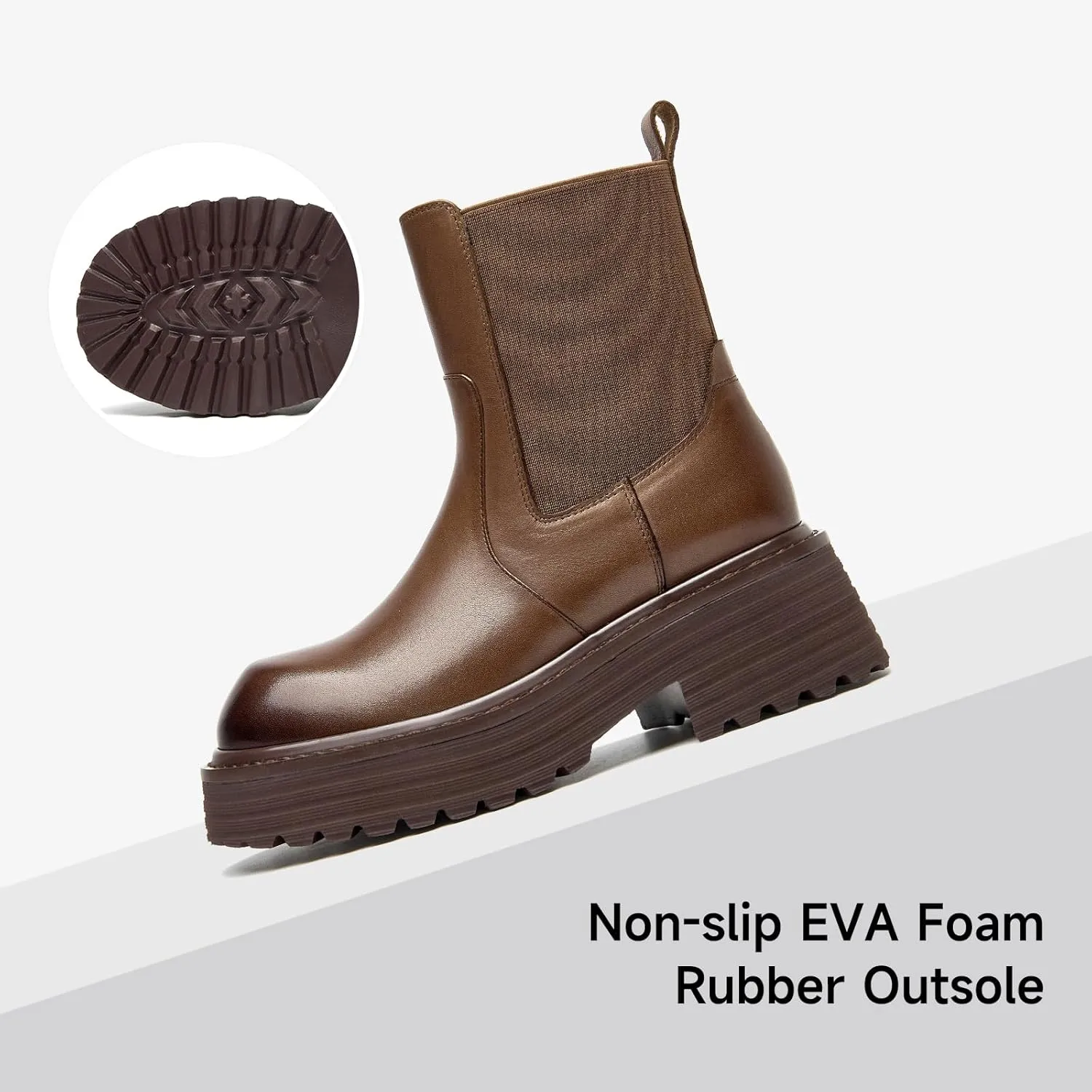 BEAU TODAY Platform Chelsea Boots for Women, Chunky Genuine Leather Elastic Ankle Boots for Women, Fashion Fall boots with Round Toe, Comfortable Slip-on Winter Combat Boots
