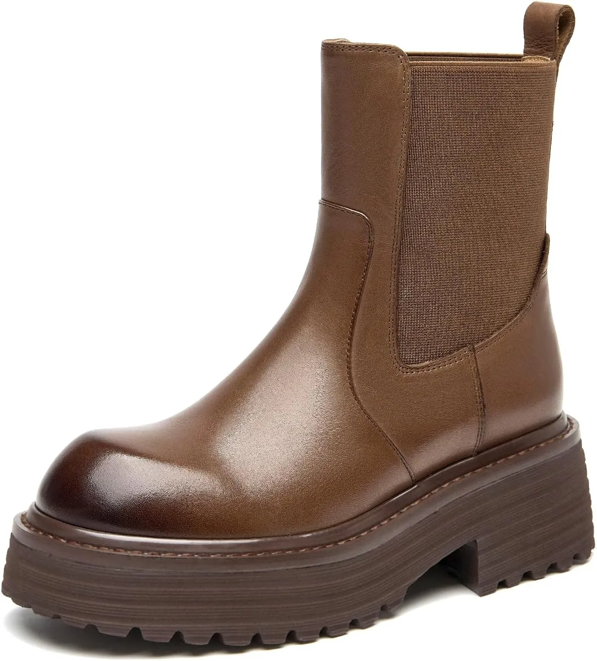 BEAU TODAY Platform Chelsea Boots for Women, Chunky Genuine Leather Elastic Ankle Boots for Women, Fashion Fall boots with Round Toe, Comfortable Slip-on Winter Combat Boots