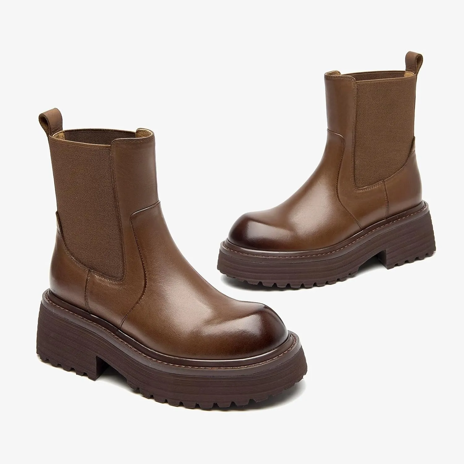 BEAU TODAY Platform Chelsea Boots for Women, Chunky Genuine Leather Elastic Ankle Boots for Women, Fashion Fall boots with Round Toe, Comfortable Slip-on Winter Combat Boots