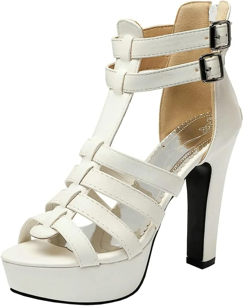 BEAUPAS Women's Block Heel Platform Peep Toe Ankle Boots Chunky High Heel Ankle Strap Booties Buckle Gladiator Sandals