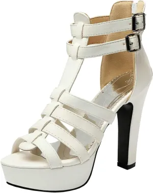 BEAUPAS Women's Block Heel Platform Peep Toe Ankle Boots Chunky High Heel Ankle Strap Booties Buckle Gladiator Sandals