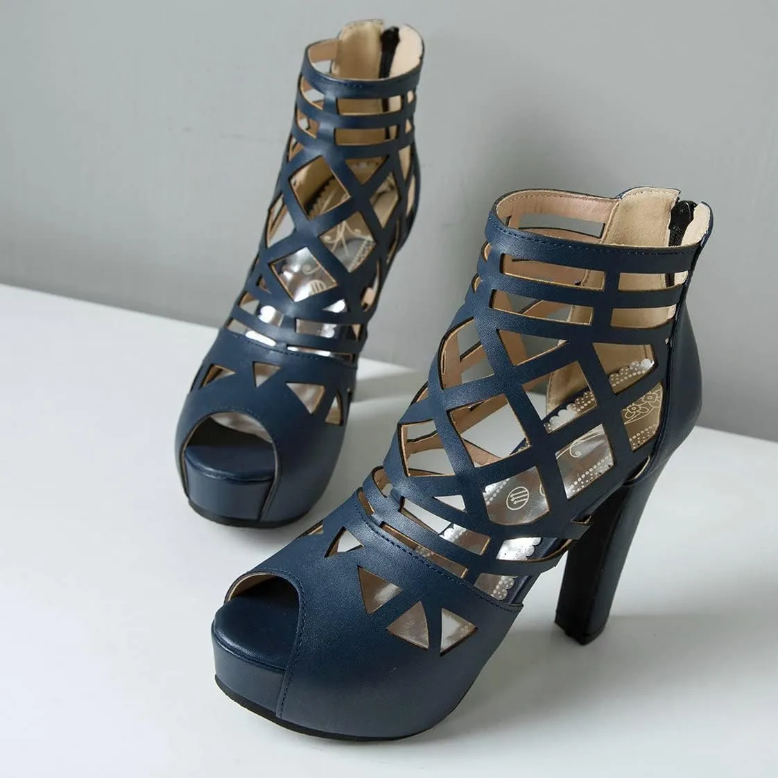 BEAUPAS Women's Chunky Heel Peep Toe Ankle Booties Platform Block High Heel Ankle Boots Cut Out Gladiator Sandals