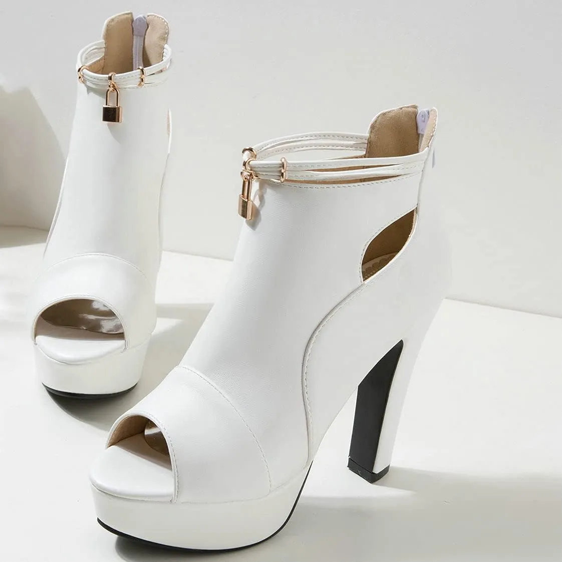BEAUPAS Women's Chunky High Heels Ankle Boots Peep Toe Platform Block Heel Ankle Booties Gladiator Zipper Sandals