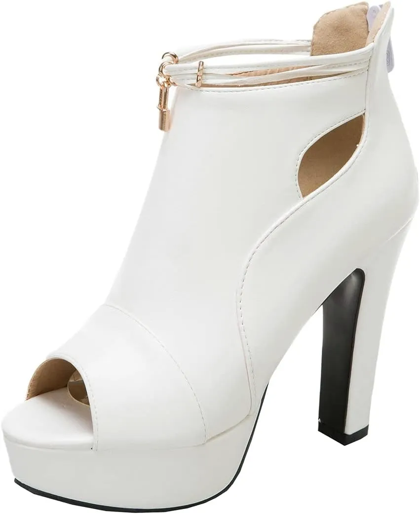 BEAUPAS Women's Chunky High Heels Ankle Boots Peep Toe Platform Block Heel Ankle Booties Gladiator Zipper Sandals