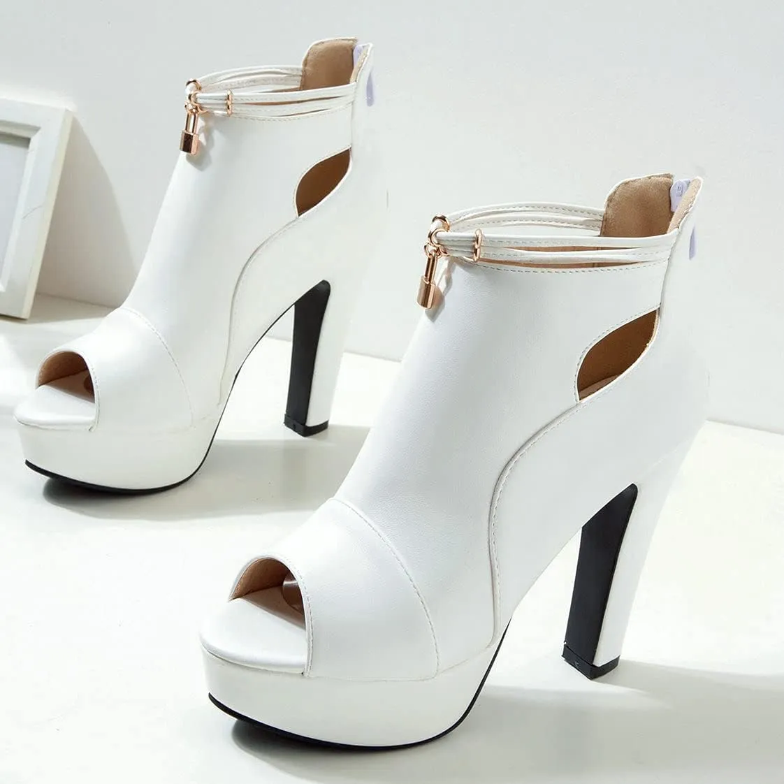 BEAUPAS Women's Chunky High Heels Ankle Boots Peep Toe Platform Block Heel Ankle Booties Gladiator Zipper Sandals