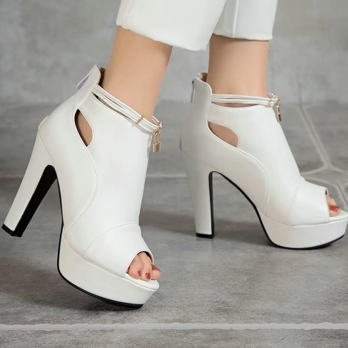BEAUPAS Women's Chunky High Heels Ankle Boots Peep Toe Platform Block Heel Ankle Booties Gladiator Zipper Sandals