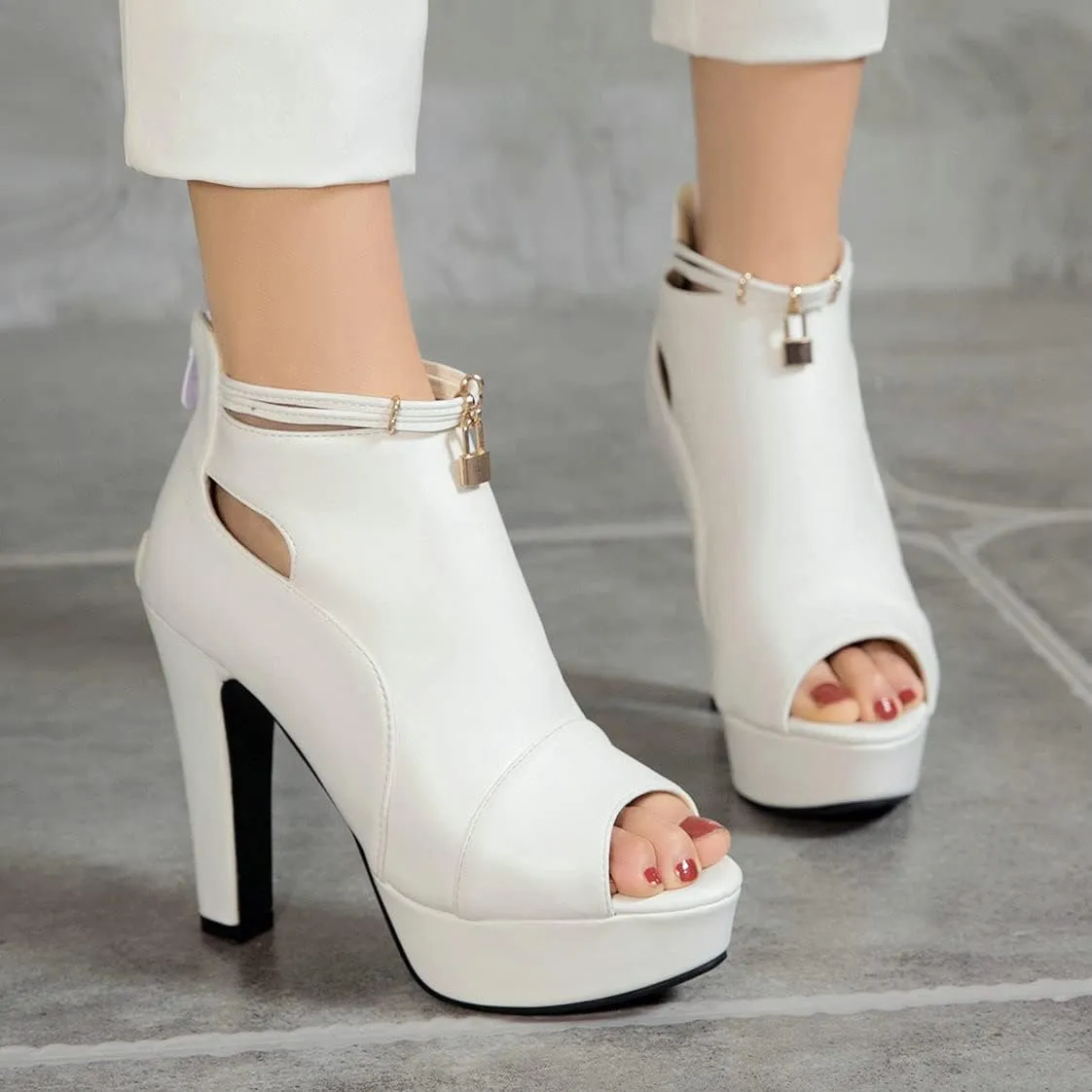 BEAUPAS Women's Chunky High Heels Ankle Boots Peep Toe Platform Block Heel Ankle Booties Gladiator Zipper Sandals