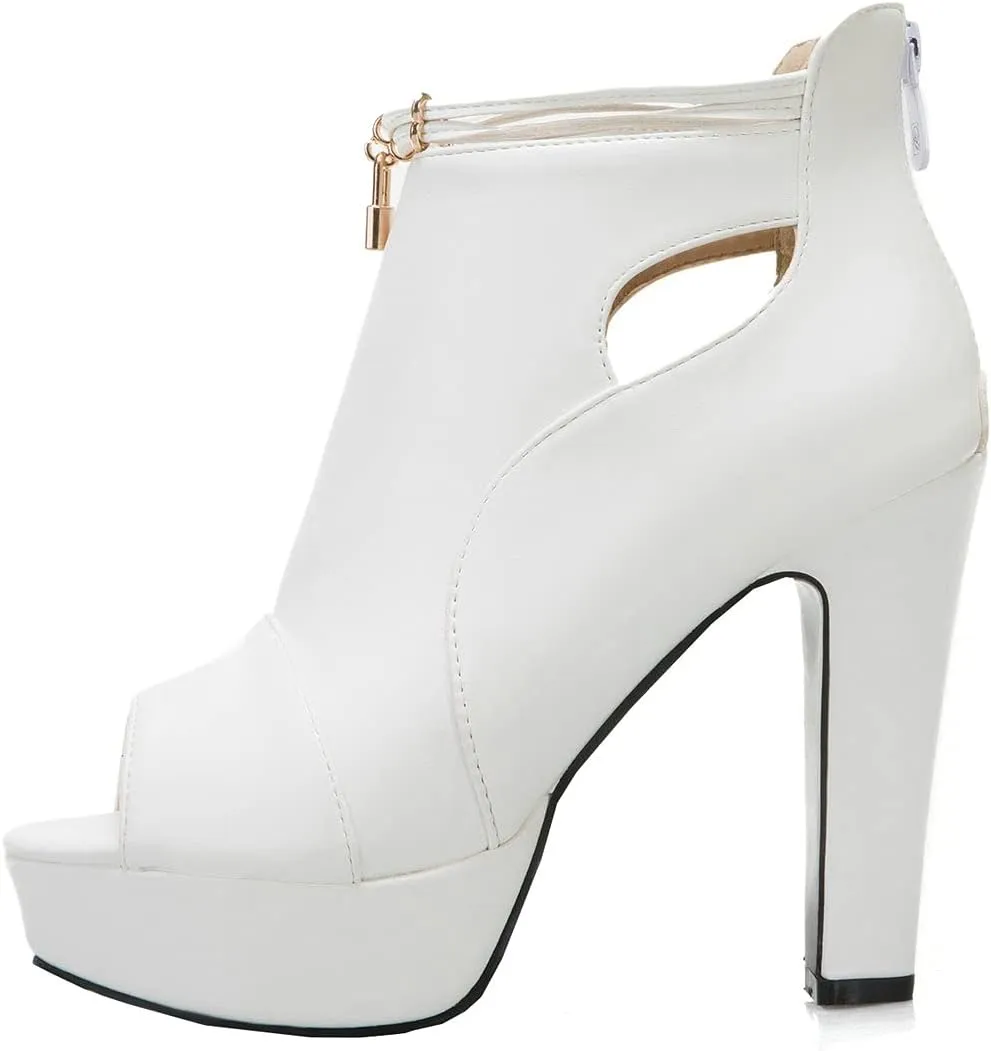 BEAUPAS Women's Chunky High Heels Ankle Boots Peep Toe Platform Block Heel Ankle Booties Gladiator Zipper Sandals