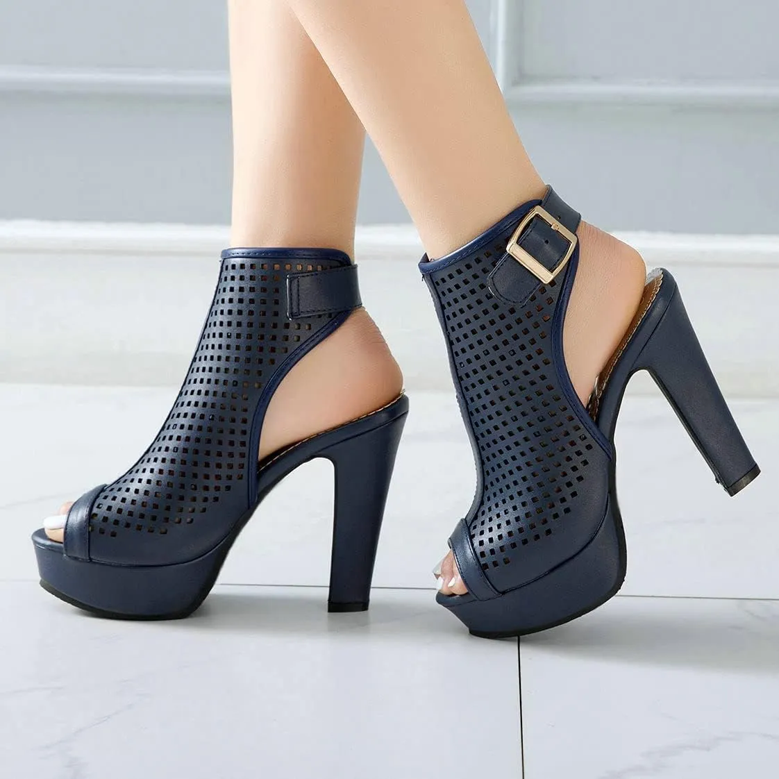 BEAUPAS Women's High Heel Platform Chunky Heel Ankle Boots Peep Toe Block Heel Booties Cutout Slingback Buckle Gladiator Sandals