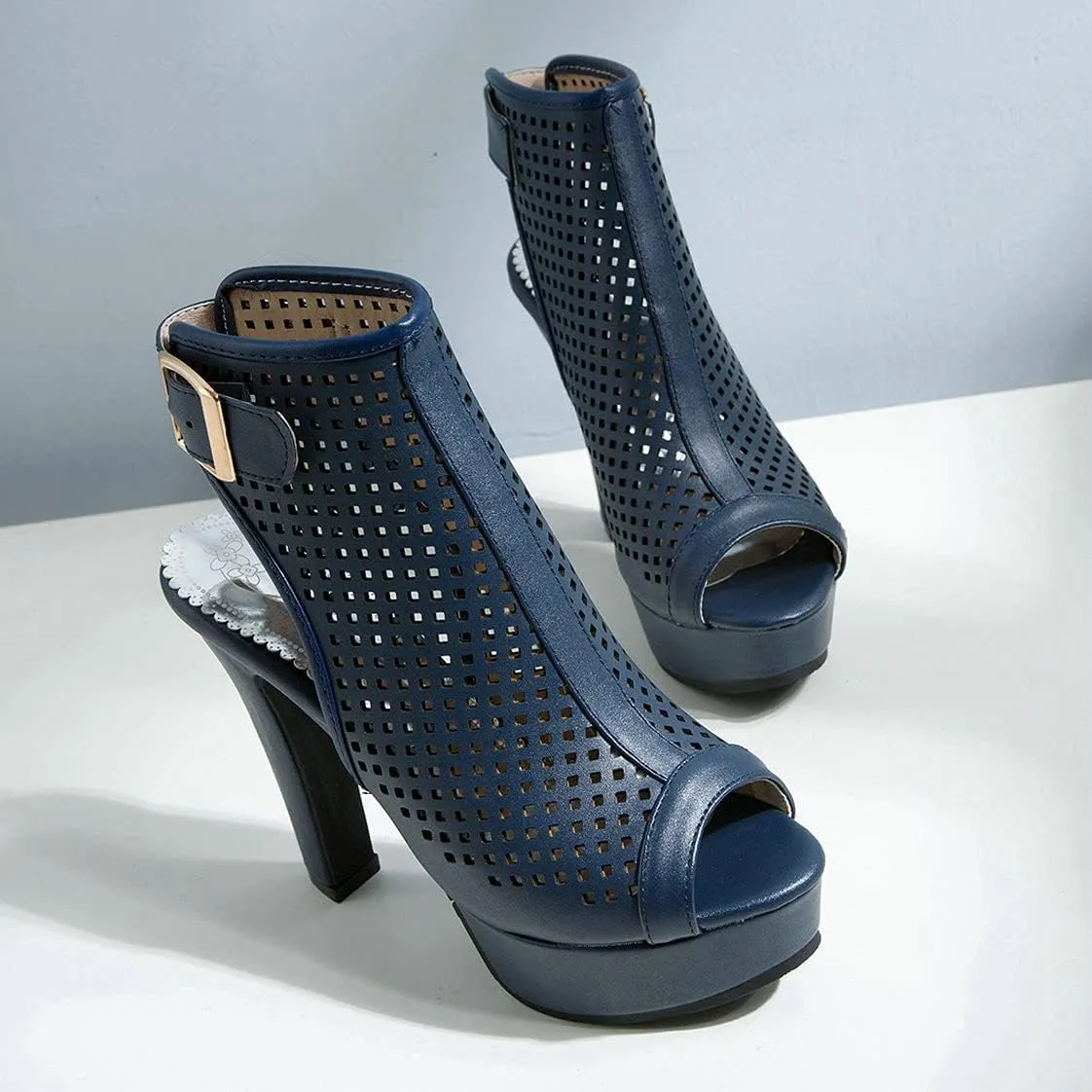 BEAUPAS Women's High Heel Platform Chunky Heel Ankle Boots Peep Toe Block Heel Booties Cutout Slingback Buckle Gladiator Sandals