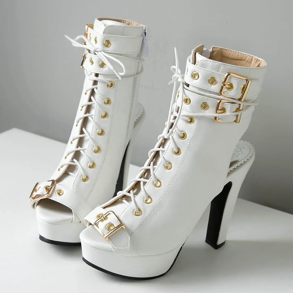 BEAUPAS Women's Lace Up High Heel Platform Ankle Boots Chunky Heel Peep Toe Booties Slingback Buckle Gladiator Sandals