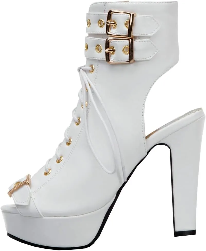 BEAUPAS Women's Lace Up High Heel Platform Ankle Boots Chunky Heel Peep Toe Booties Slingback Buckle Gladiator Sandals