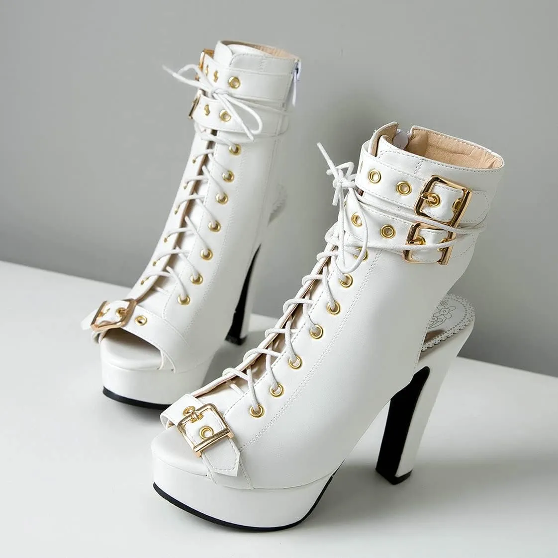 BEAUPAS Women's Lace Up High Heel Platform Ankle Boots Chunky Heel Peep Toe Booties Slingback Buckle Gladiator Sandals