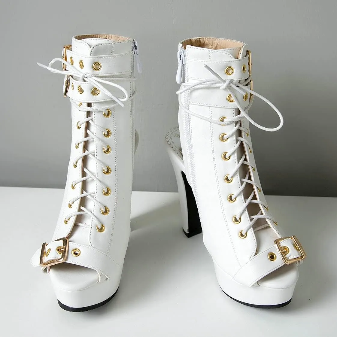 BEAUPAS Women's Lace Up High Heel Platform Ankle Boots Chunky Heel Peep Toe Booties Slingback Buckle Gladiator Sandals