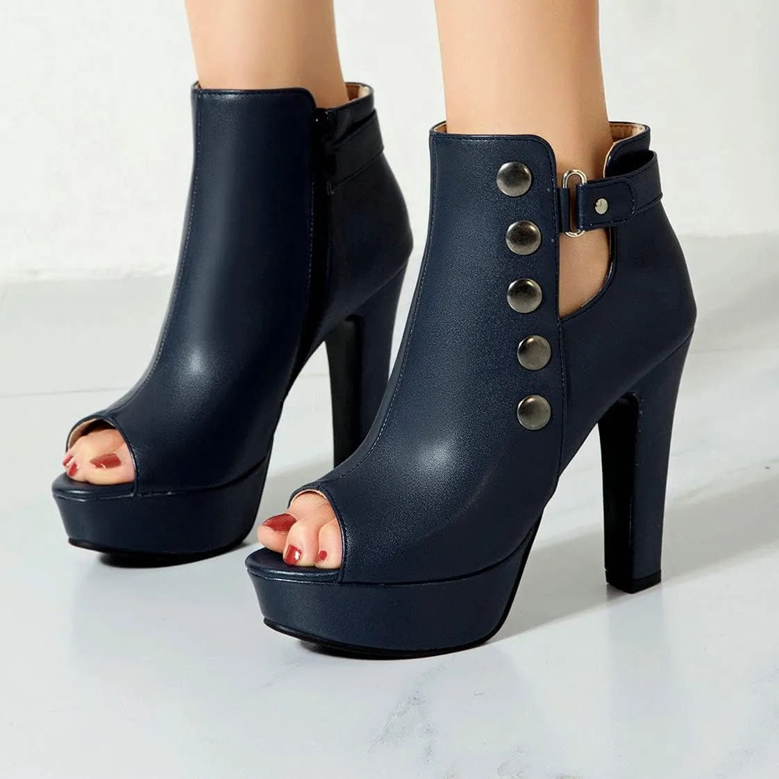 BEAUPAS Women's Peep Toe High Heel Ankle Boots Platform Chunky Heel Booties Zipper Buckle Gladiator Sandals