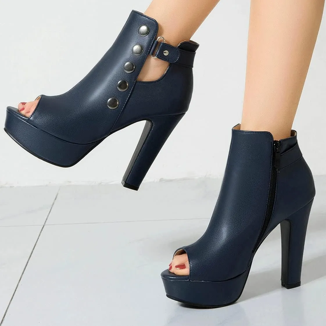 BEAUPAS Women's Peep Toe High Heel Ankle Boots Platform Chunky Heel Booties Zipper Buckle Gladiator Sandals