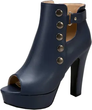 BEAUPAS Women's Peep Toe High Heel Ankle Boots Platform Chunky Heel Booties Zipper Buckle Gladiator Sandals