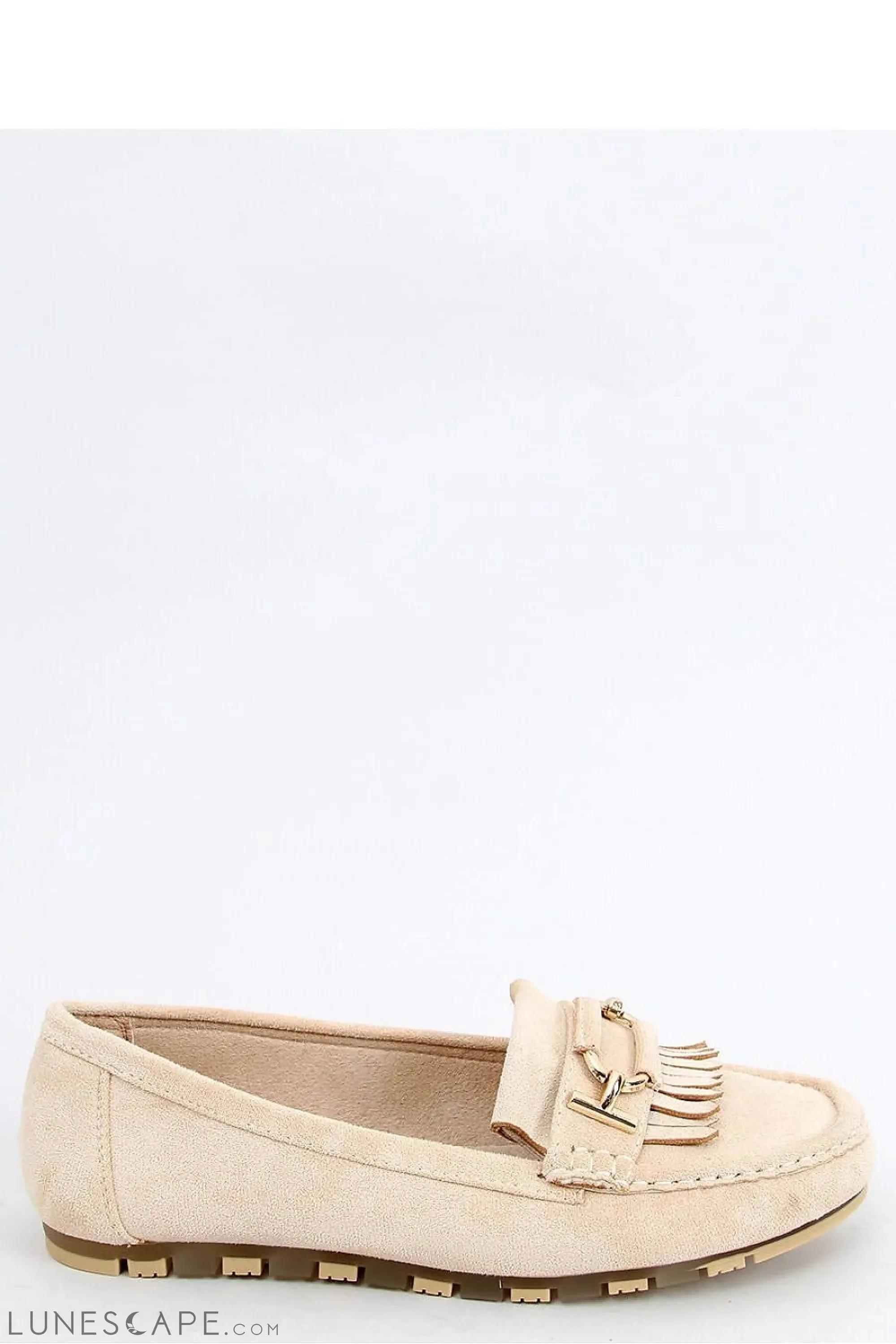 Beige Eco-Suede Women’s Loafers with Fringe and Gold Horsebit Detail