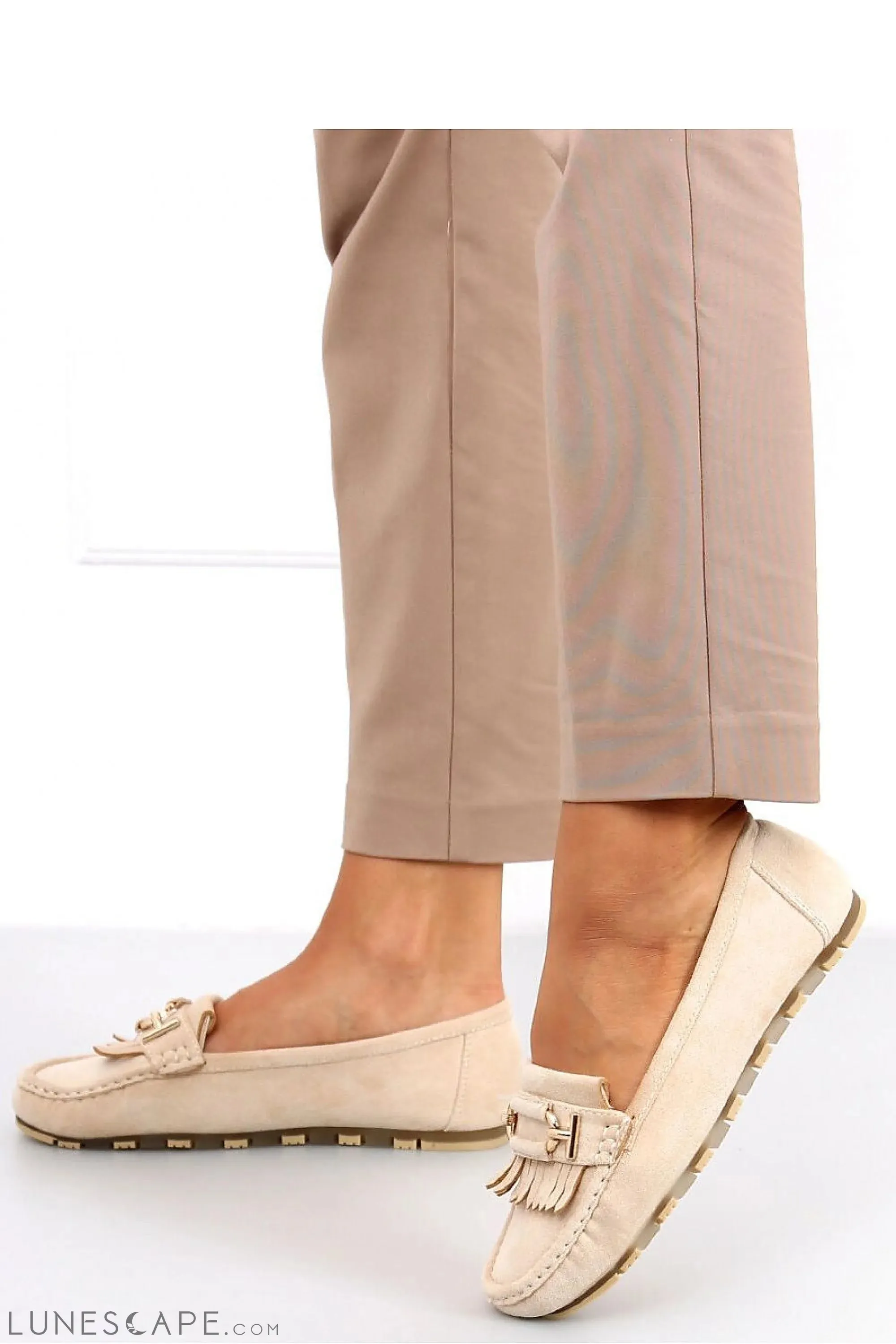 Beige Eco-Suede Women’s Loafers with Fringe and Gold Horsebit Detail