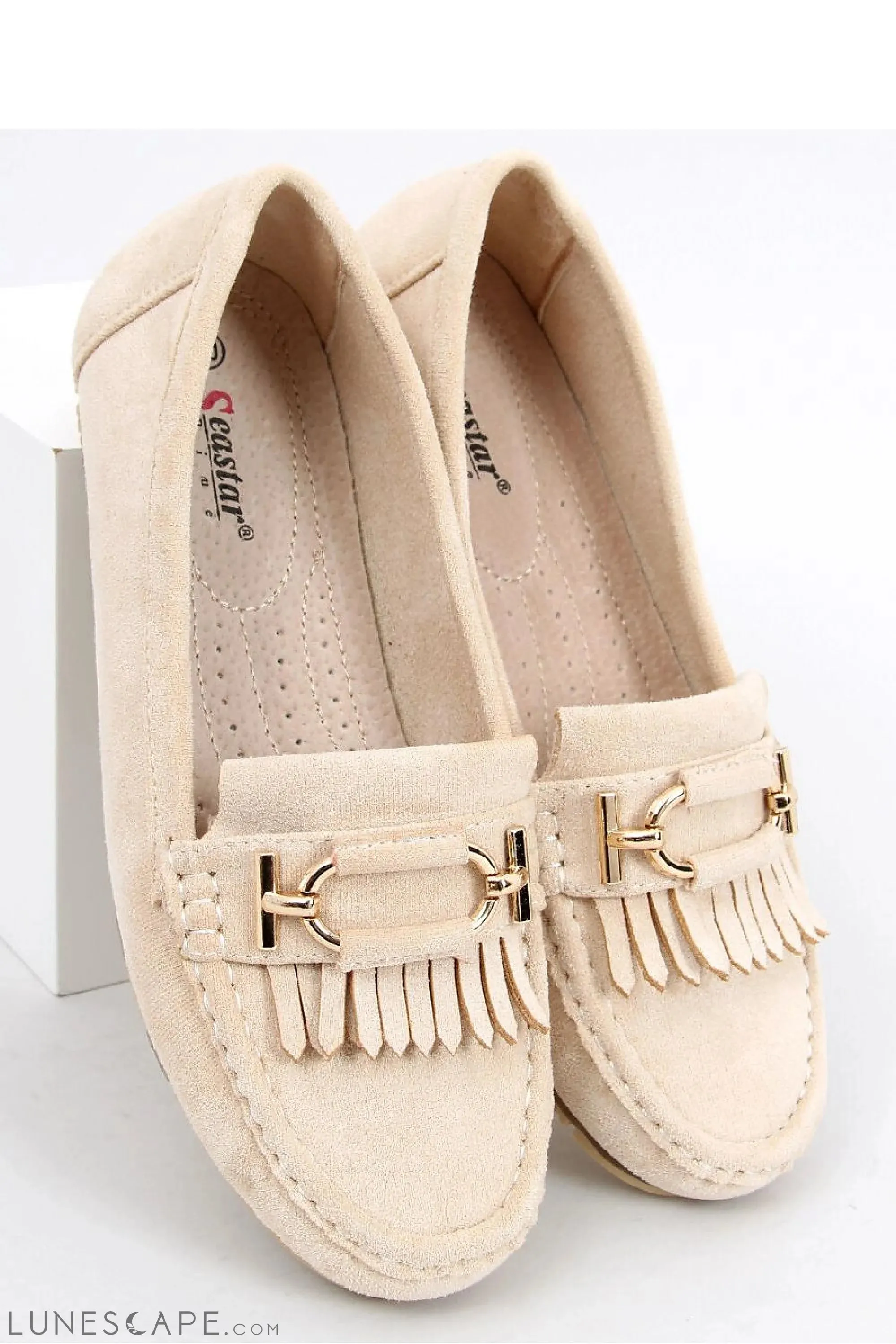 Beige Eco-Suede Women’s Loafers with Fringe and Gold Horsebit Detail