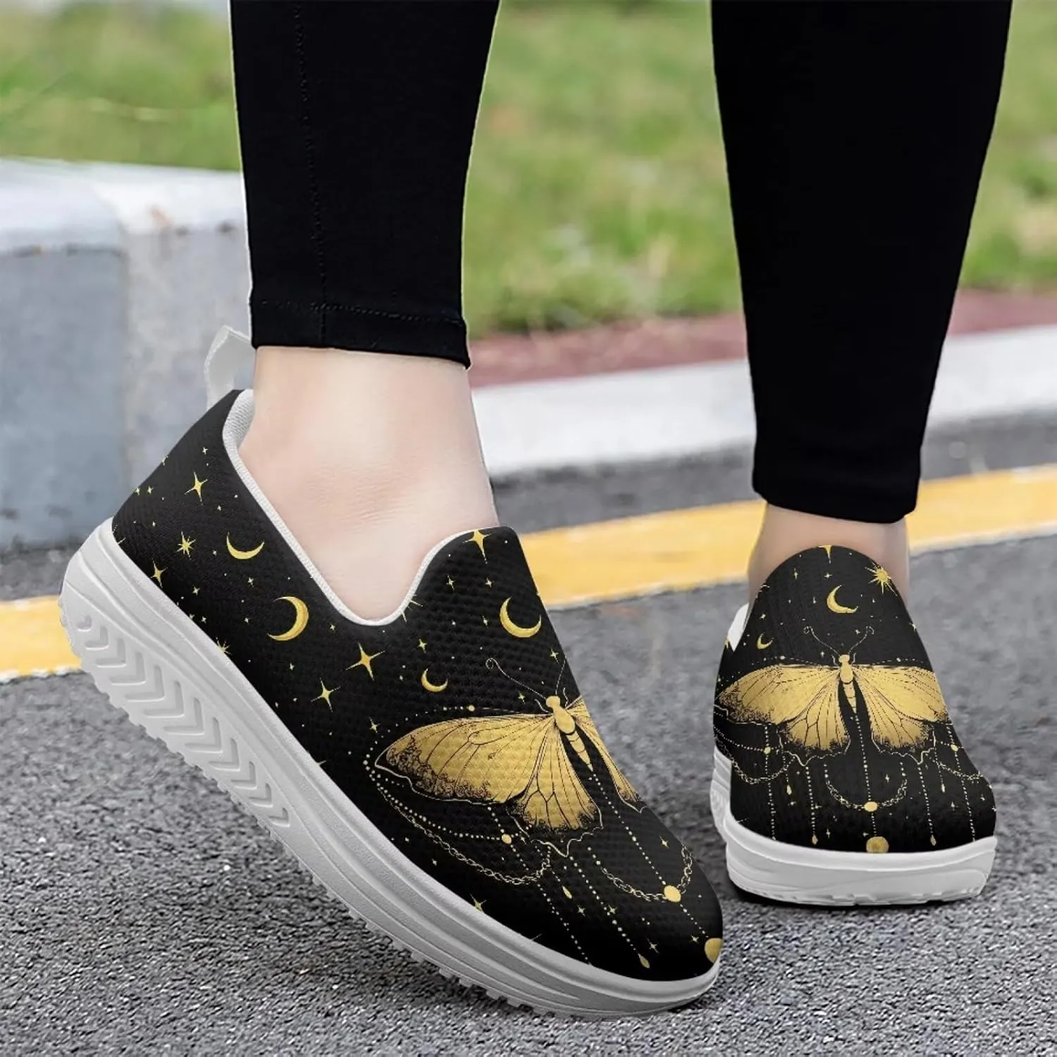 Binienty Women's Slip-On Platform Loafers Breathable Mesh Walking Sneakers Rocking Bottom Footwear