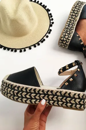 Black Deadline-driven Leather Flatforms Wide array Studded Elara - Espadrille Faux