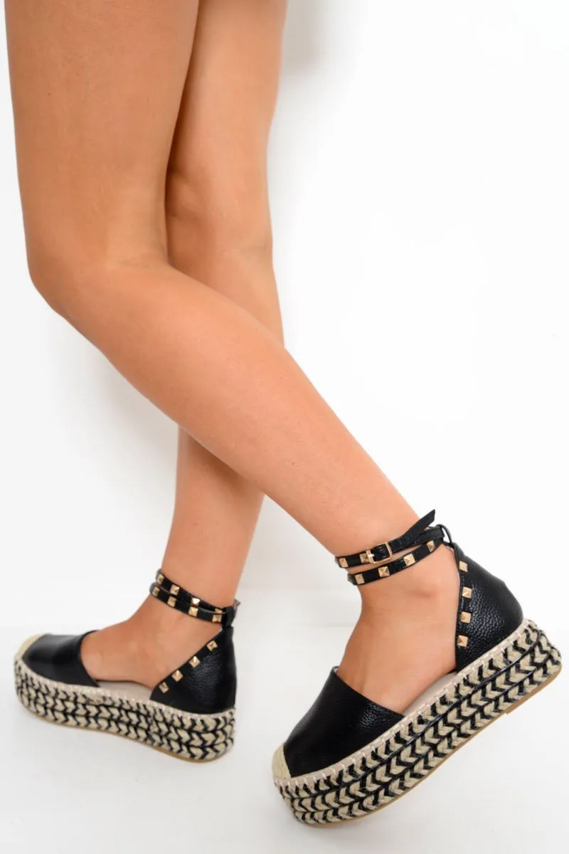 Black Deadline-driven Leather Flatforms Wide array Studded Elara - Espadrille Faux
