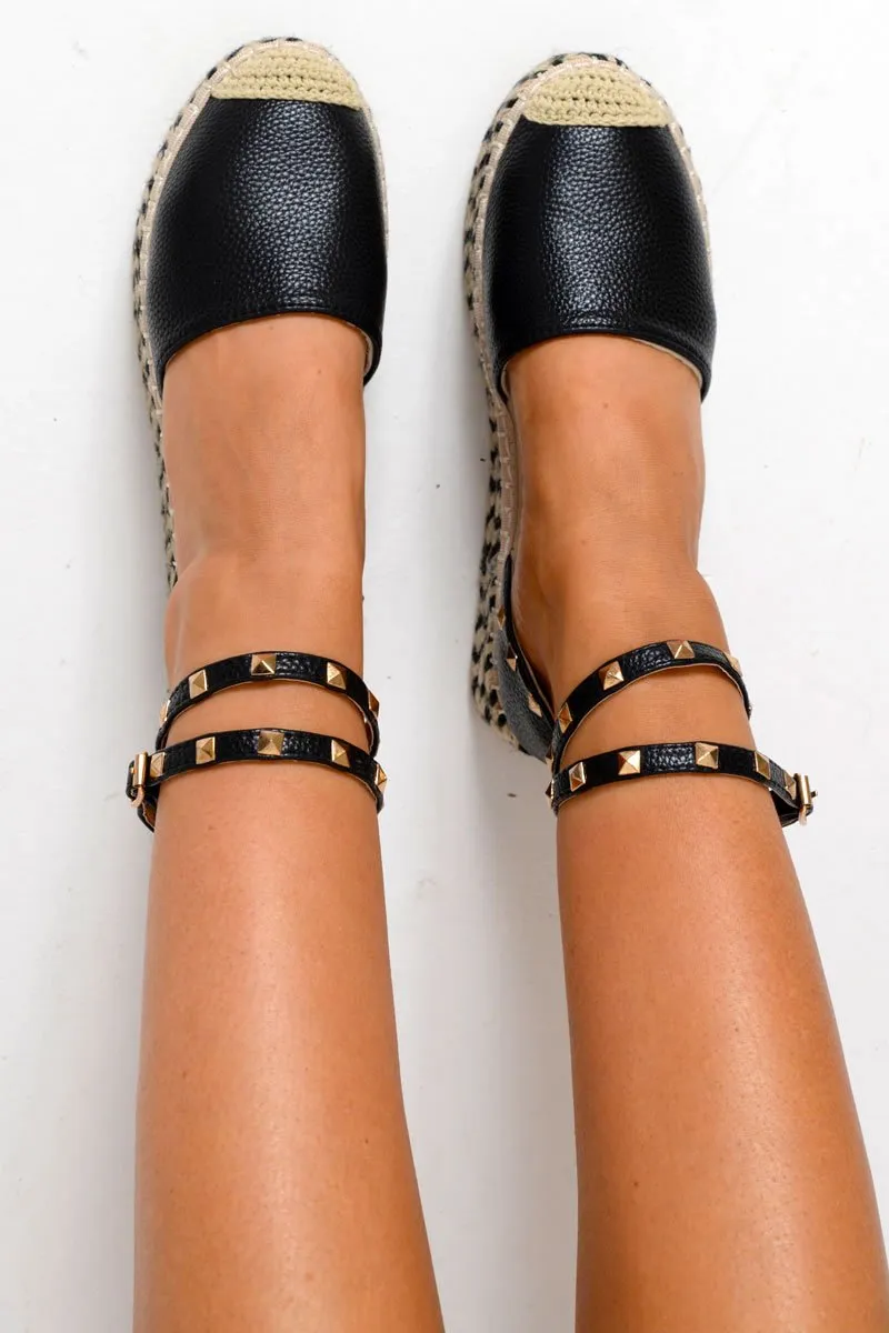 Black Deadline-driven Leather Flatforms Wide array Studded Elara - Espadrille Faux