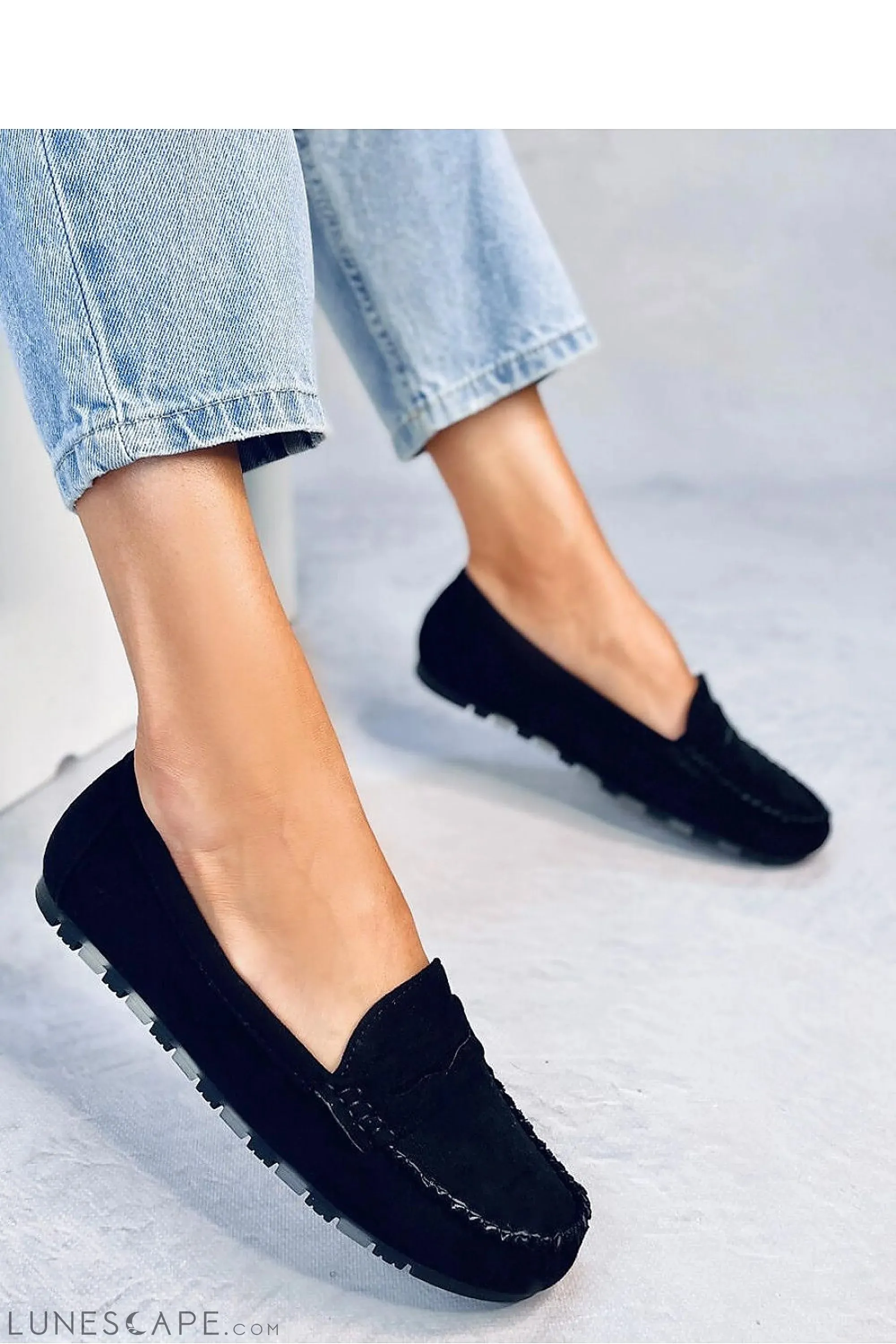 Black Eco-Suede Driving Loafers Women's – Round Toe with Moc Stitch Detail