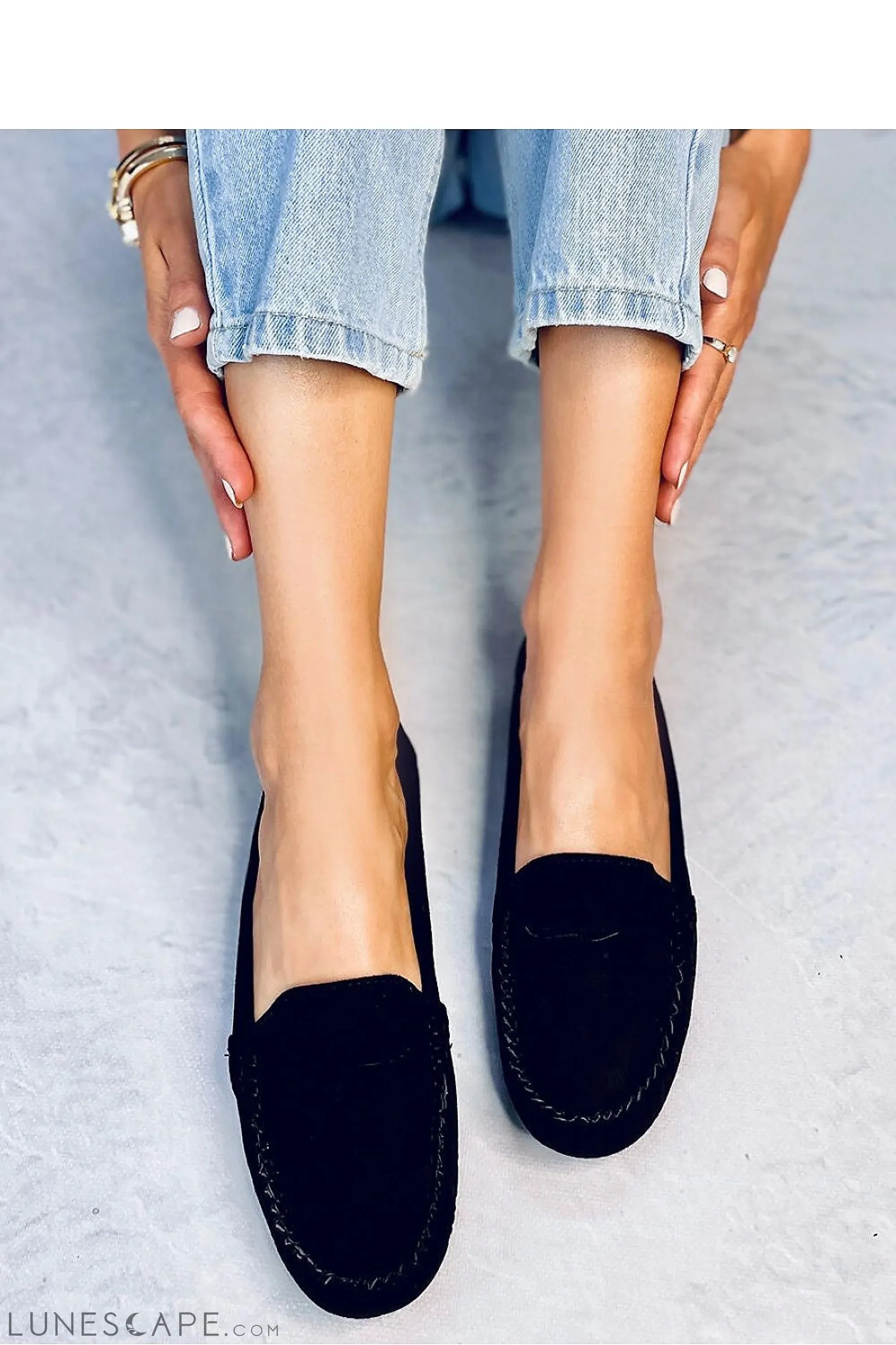 Black Eco-Suede Driving Loafers Women's – Round Toe with Moc Stitch Detail