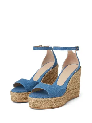 Blue Denim Open-toe Espadrille Wedge Sandals With Buckle Ankle Wrap