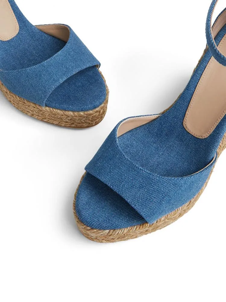 Blue Denim Open-toe Espadrille Wedge Sandals With Buckle Ankle Wrap