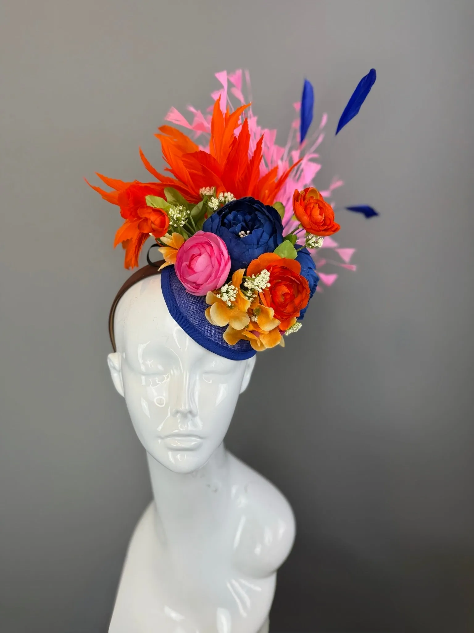 Blue, Orange and Multicolored Kentucky Derby fascinator, Derby Hat Alternative (GOLD LINE)