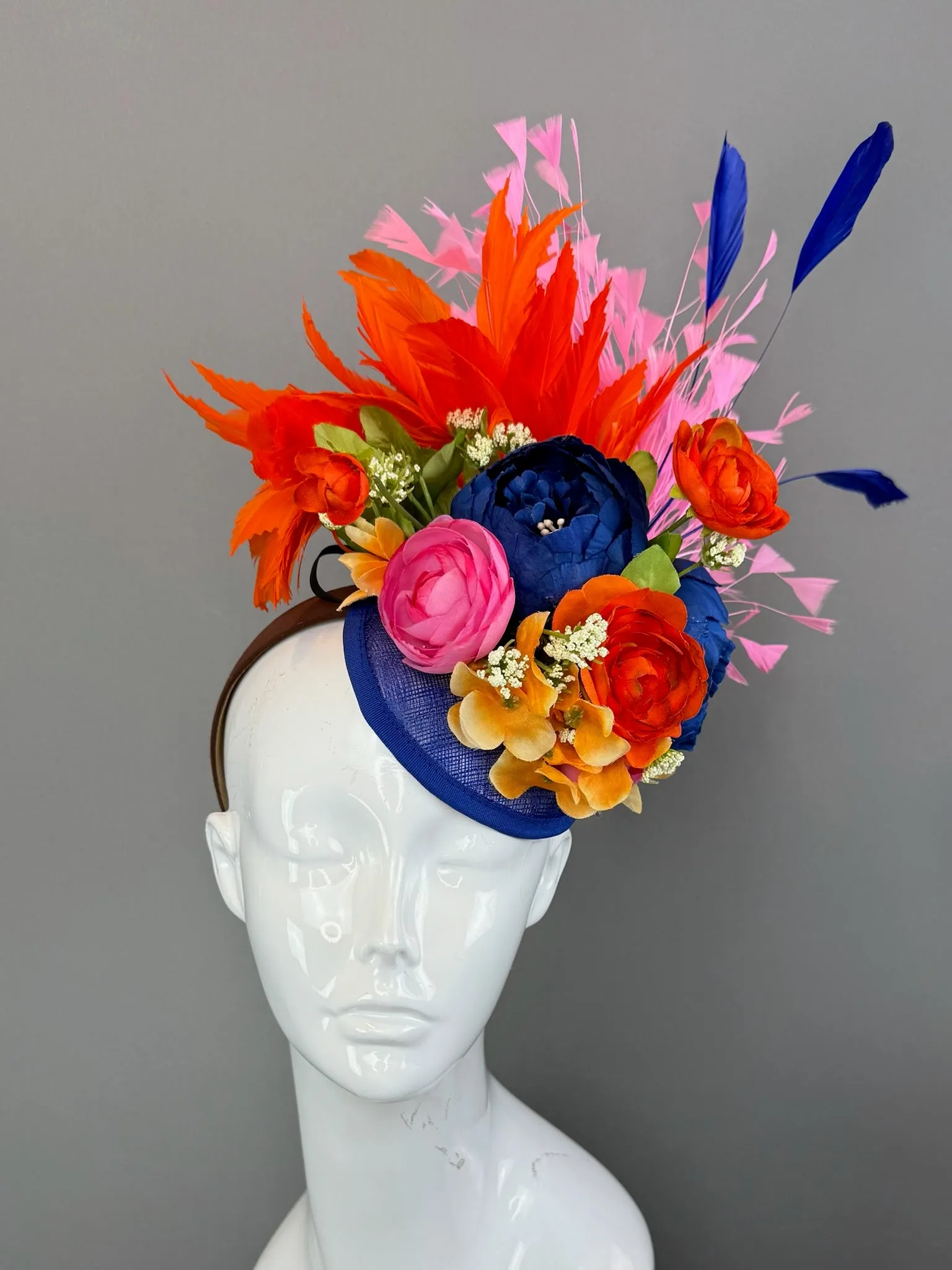 Blue, Orange and Multicolored Kentucky Derby fascinator, Derby Hat Alternative (GOLD LINE)