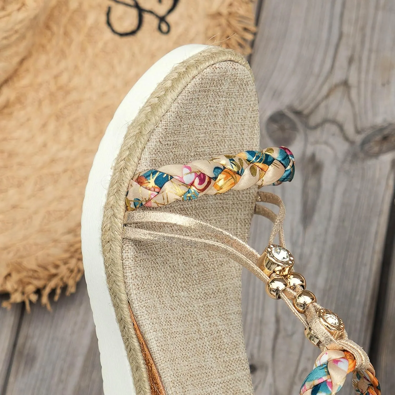 Bohemian Beach Sandals for Women 2025 New Boho Orthopedic Wedge Sandals for Women Ankle Strap Flip Flops Open Toe Jeweled Flats