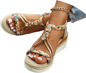Bohemian Beach Sandals for Women 2025 New Boho Orthopedic Wedge Sandals for Women Ankle Strap Flip Flops Open Toe Jeweled Flats