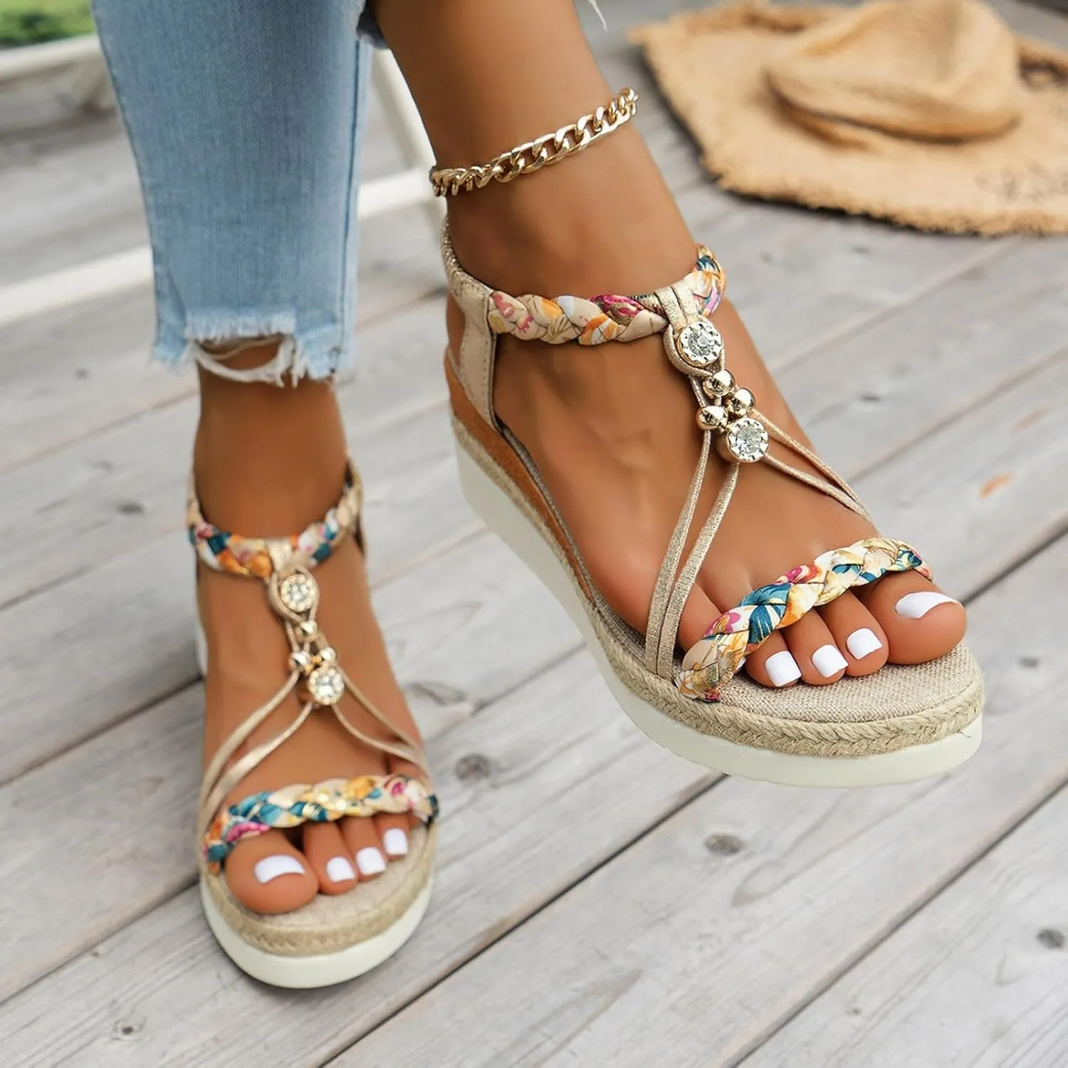 Bohemian Beach Sandals for Women 2025 New Boho Orthopedic Wedge Sandals for Women Ankle Strap Flip Flops Open Toe Jeweled Flats