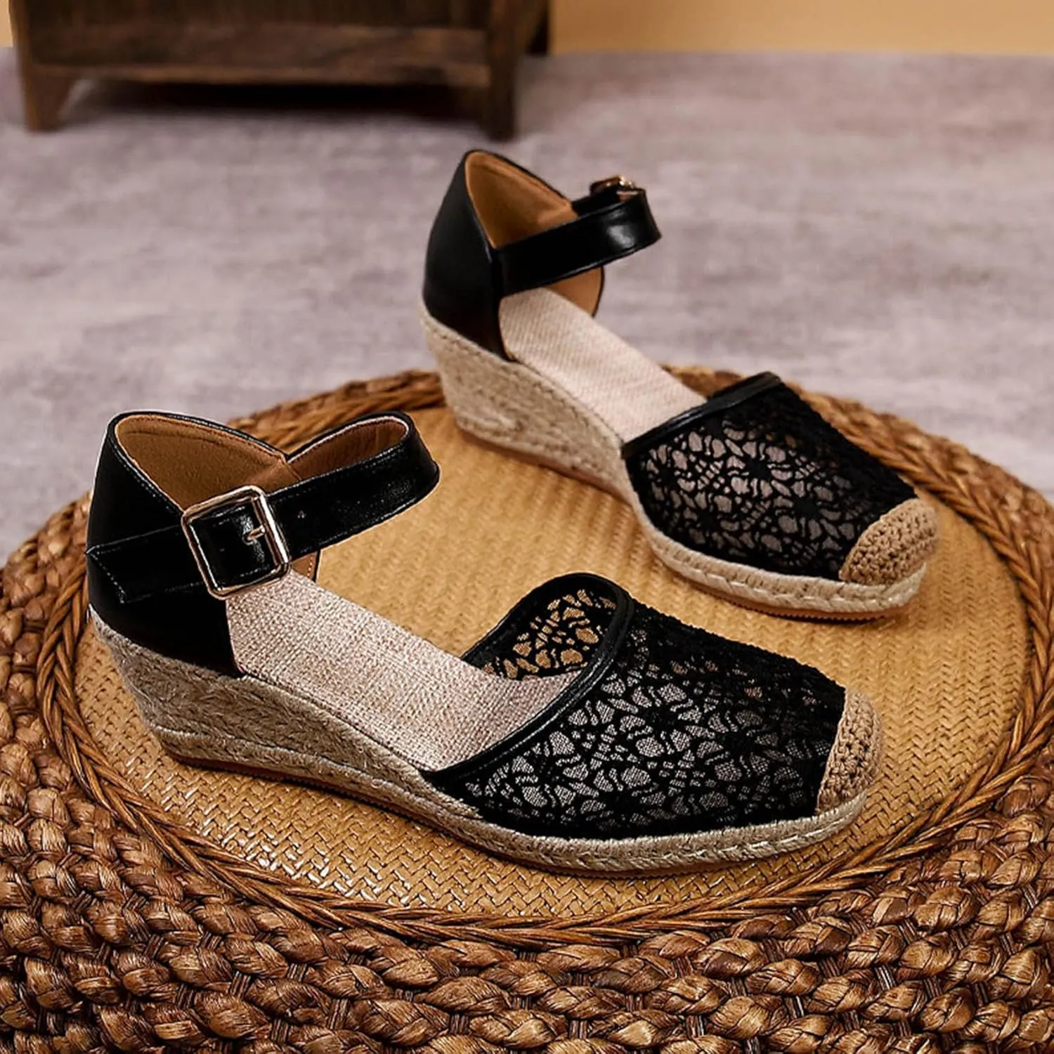 Breathable Lace Mesh Espadrille Wedge Sandals for Women Closed Cap Toe Ankle Strap Platform Pumps with Buckled