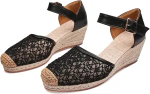 Breathable Lace Mesh Espadrille Wedge Sandals for Women Closed Cap Toe Ankle Strap Platform Pumps with Buckled
