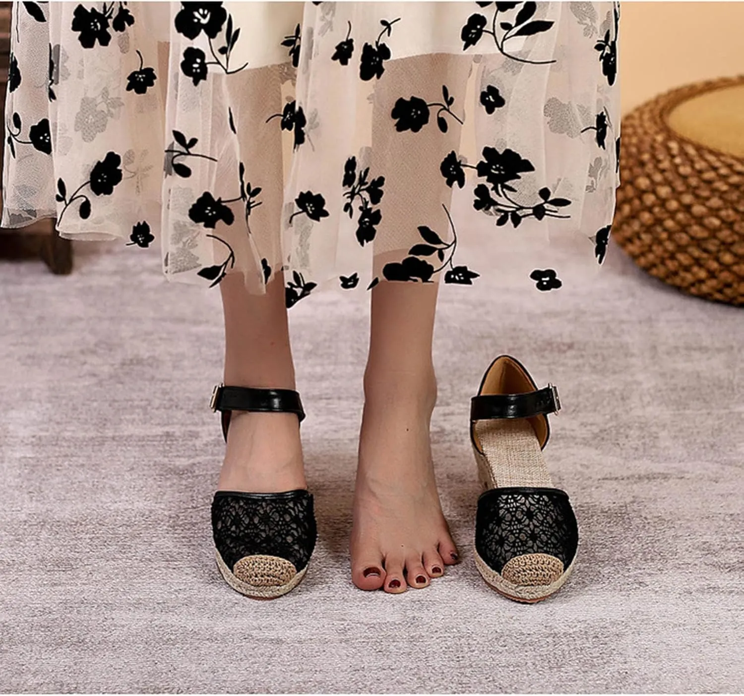 Breathable Lace Mesh Espadrille Wedge Sandals for Women Closed Cap Toe Ankle Strap Platform Pumps with Buckled