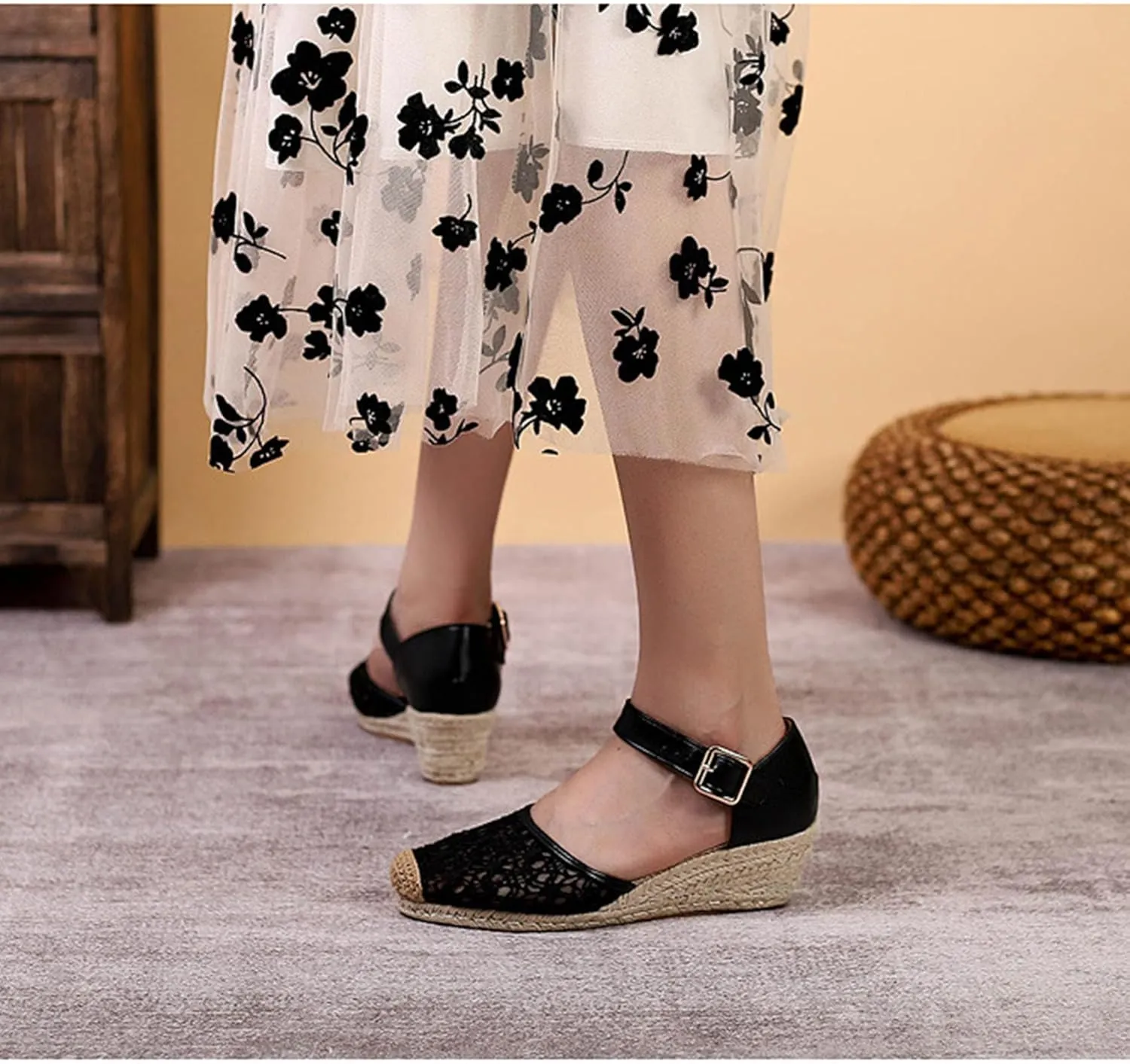 Breathable Lace Mesh Espadrille Wedge Sandals for Women Closed Cap Toe Ankle Strap Platform Pumps with Buckled