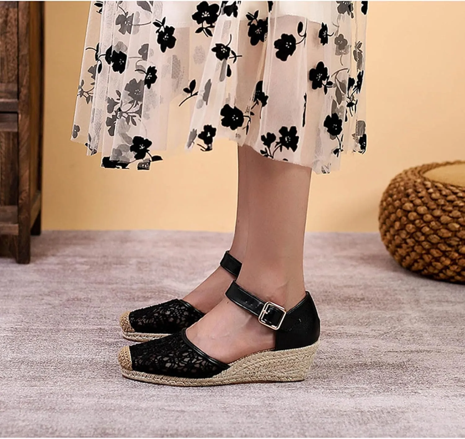 Breathable Lace Mesh Espadrille Wedge Sandals for Women Closed Cap Toe Ankle Strap Platform Pumps with Buckled