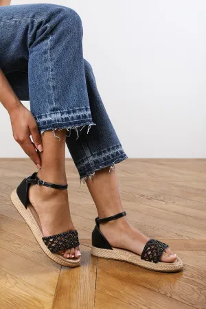 Brooklyn Black Faux Leather Handwoven Flatform Espadrille Sandal