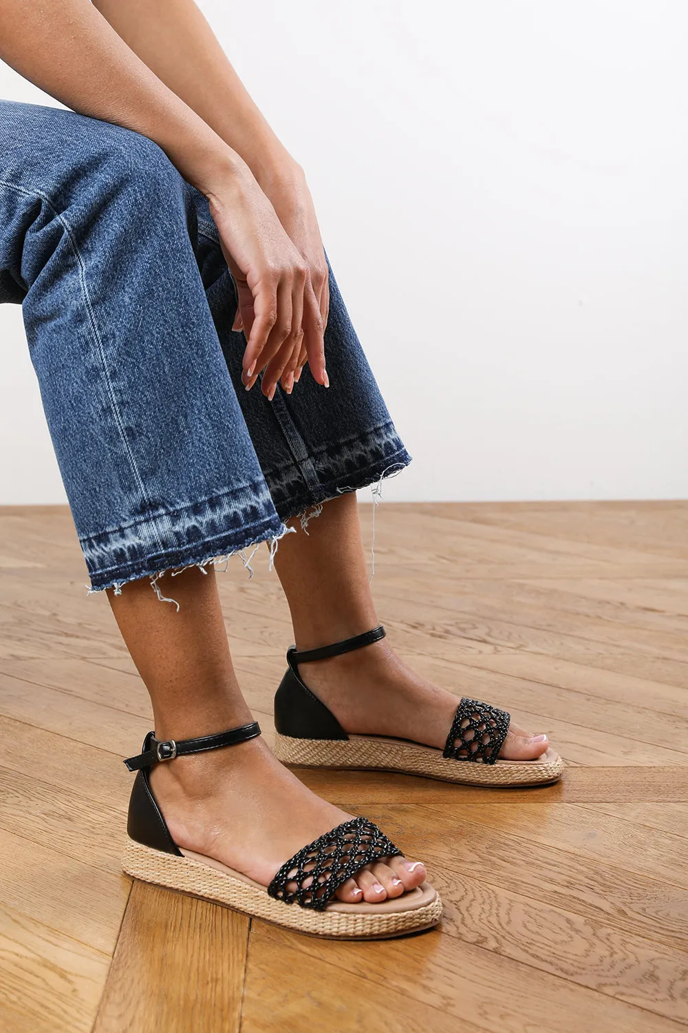 Brooklyn Black Faux Leather Handwoven Flatform Espadrille Sandal