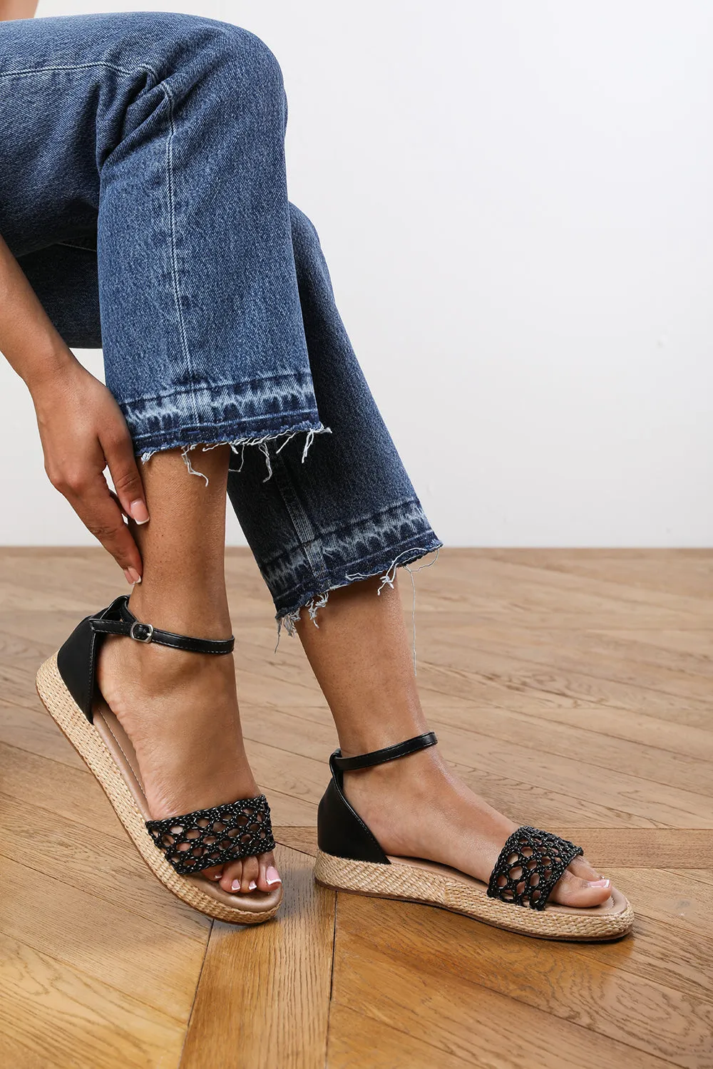 Brooklyn Black Faux Leather Handwoven Flatform Espadrille Sandal