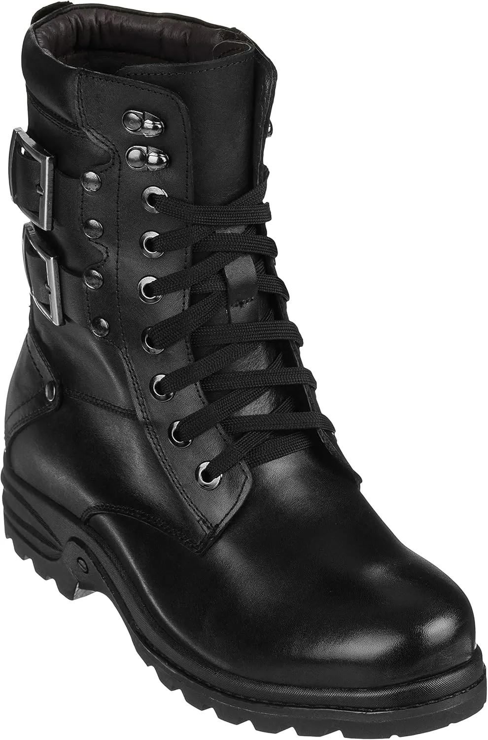 Calden Men's Invisible Height Increasing Elevator Shoes - Black Leather Lace-up High-top Military Boots - 3.1 Inches Taller - K512666 - Size 8 D(M) US