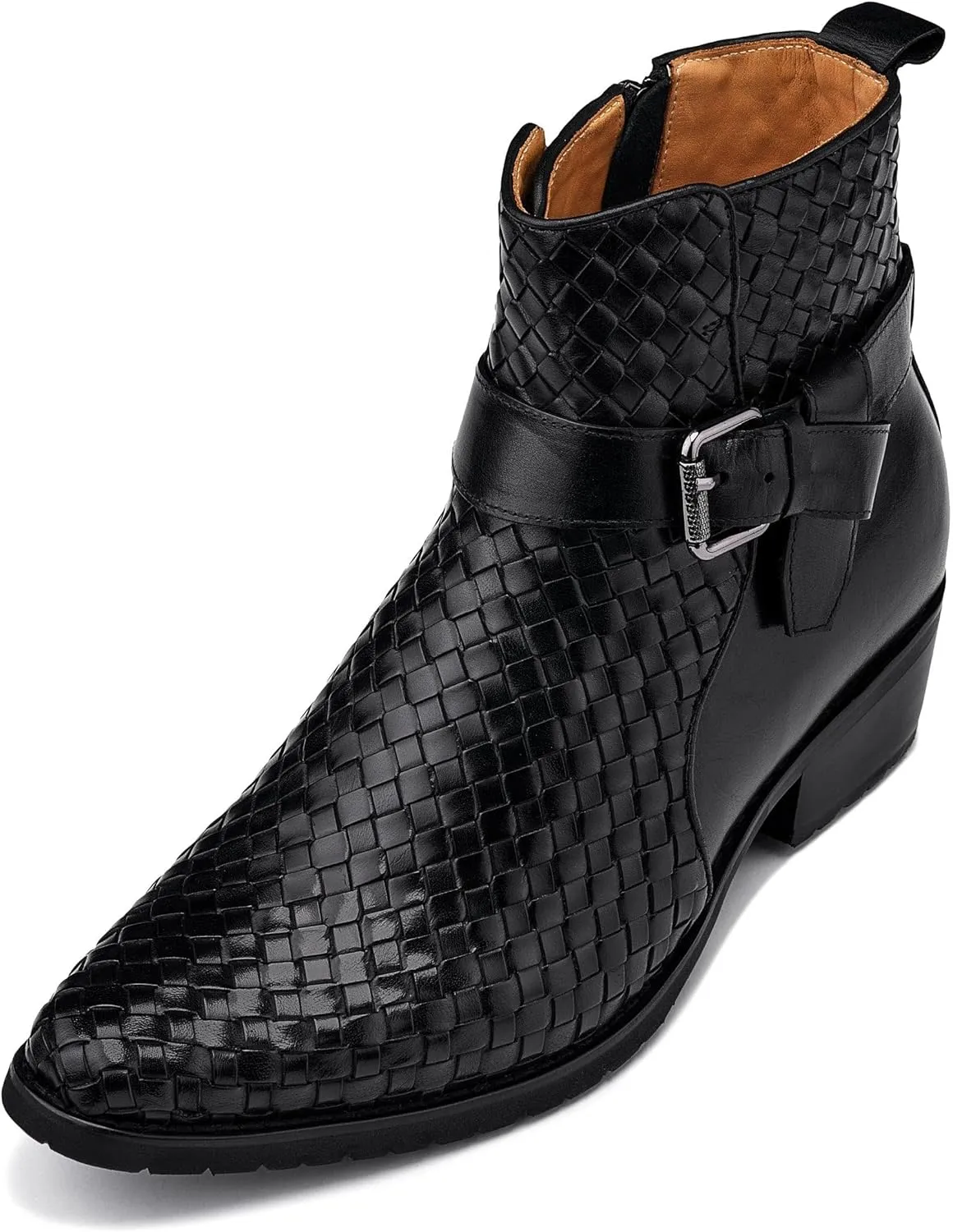 CALTO Men's Invisible Height Increasing Elevator Shoes - Black Premium Leather Woven Ankle Buckle Zipper Boots - 3.3 Inches Taller - K30523 - Size 9 D(M) US