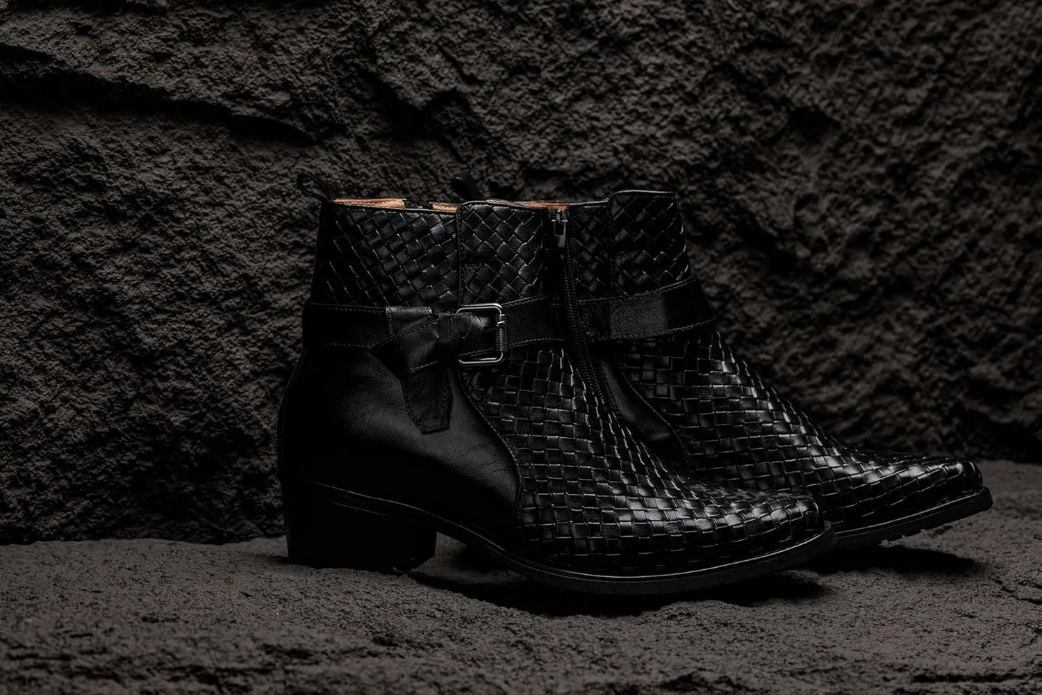 CALTO Men's Invisible Height Increasing Elevator Shoes - Black Premium Leather Woven Ankle Buckle Zipper Boots - 3.3 Inches Taller - K30523 - Size 9 D(M) US