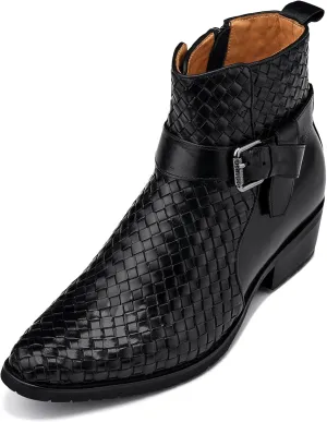 CALTO Men's Invisible Height Increasing Elevator Shoes - Black Premium Leather Woven Ankle Buckle Zipper Boots - 3.3 Inches Taller - K30523 - Size 9 D(M) US